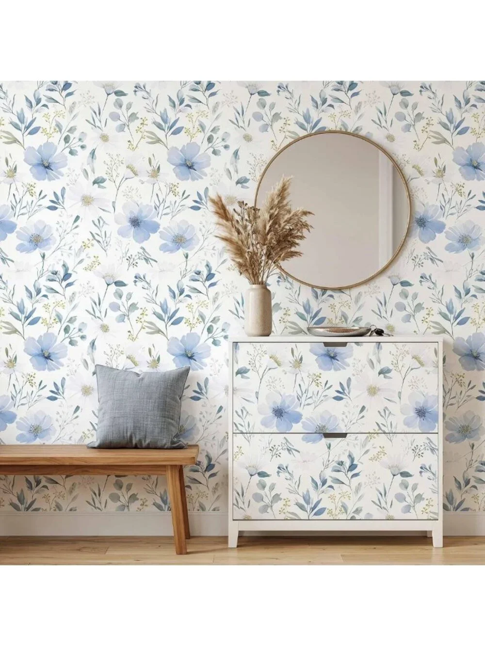 Light Blue Floral Peel and Stick Wallpaper | Self-Adhesive Removable Watercolor